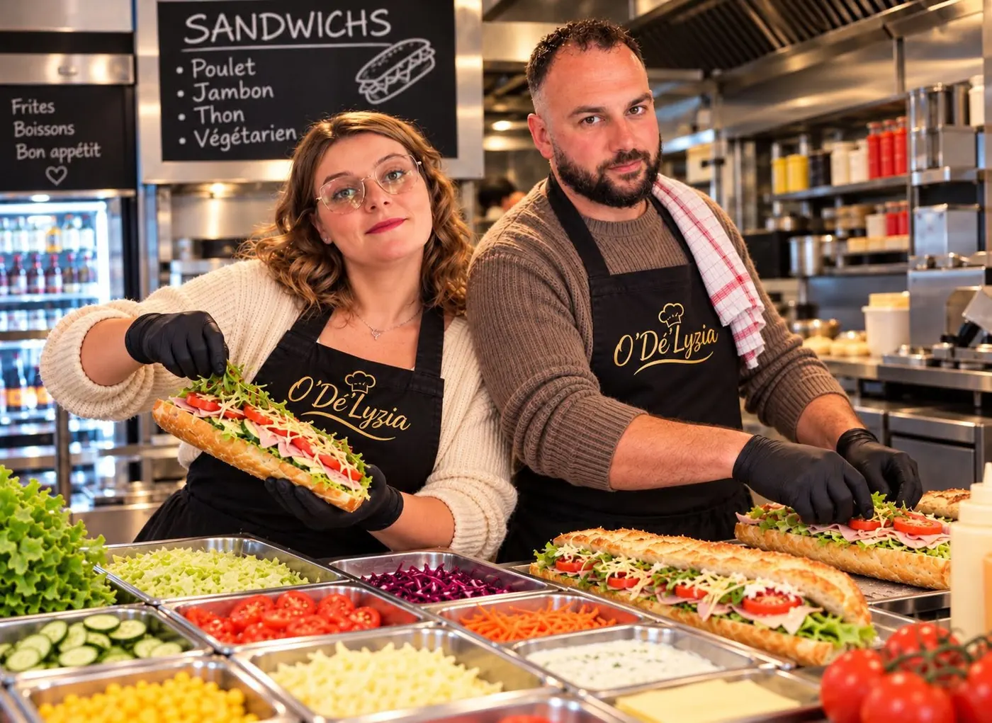 Le couple fondateur d'O'Dé Lyzia préparant des sandwichs